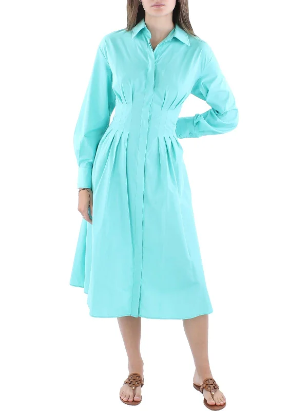 Cheap Formal Midi Dresses-Womens Pleated Midi Shirtdress