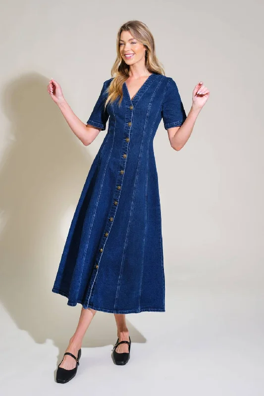 Satin V Neck Midi Dresses-PATCHWORK PARADISE DENIM MIDI DRESS