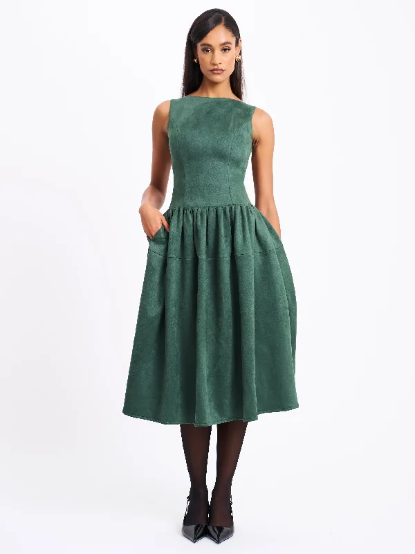 Dinner Midi Dresses-Laila Green Suede Boat Neck Backless Midi Dress