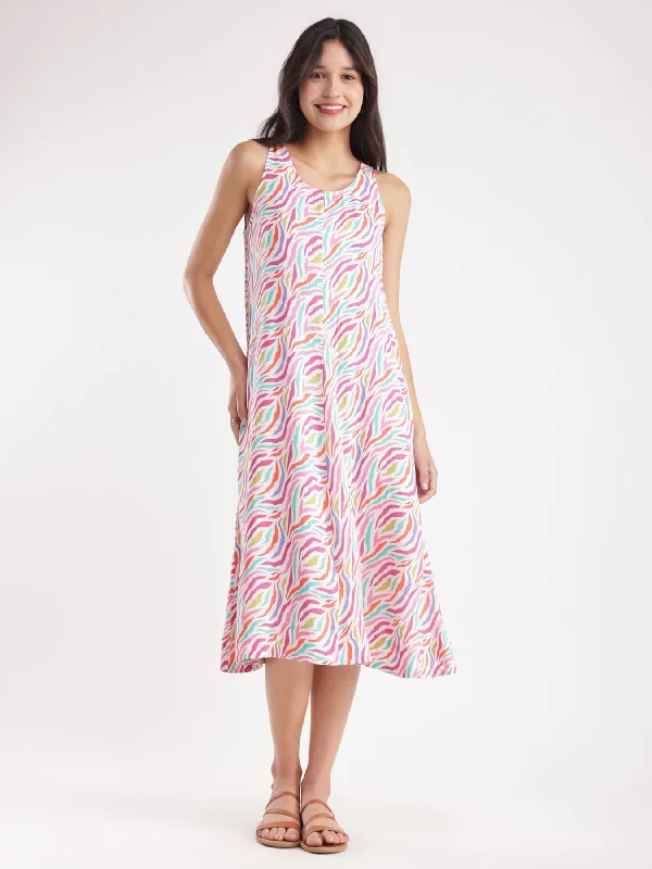 Polka Dot Vintage Midi Dresses-Abstract Print Midi Dress - Multicolour