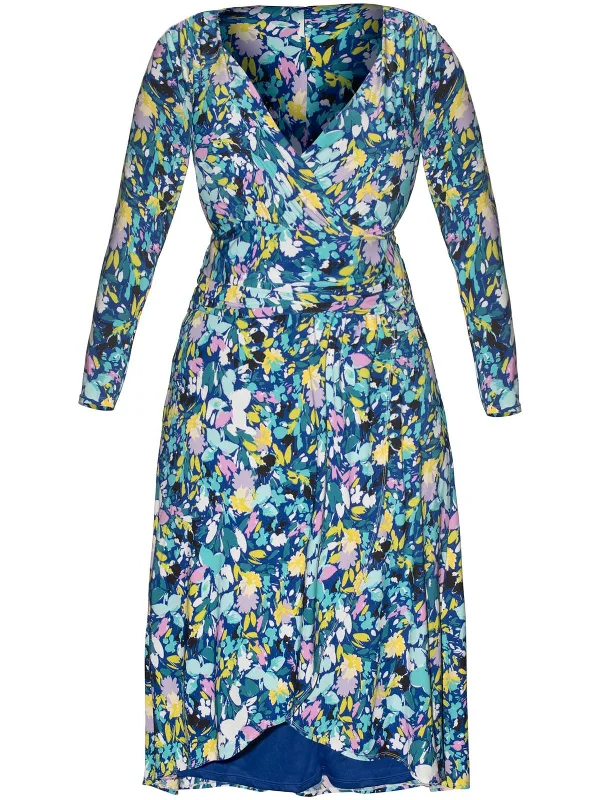 High Neck Party Midi Dresses-Plus Womens Floral Print Faux Wrap Midi Dress