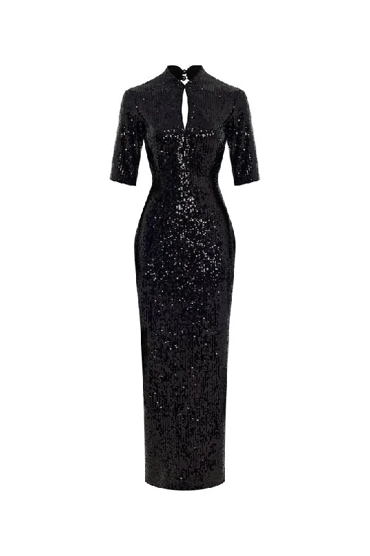 Backless Work Midi Dresses-Sequinned long midi dress with an opened back and cutout