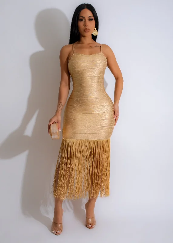 Tie Dye Winter Midi Dresses-Elegance Metallic Bandage Fringe Midi Dress Gold