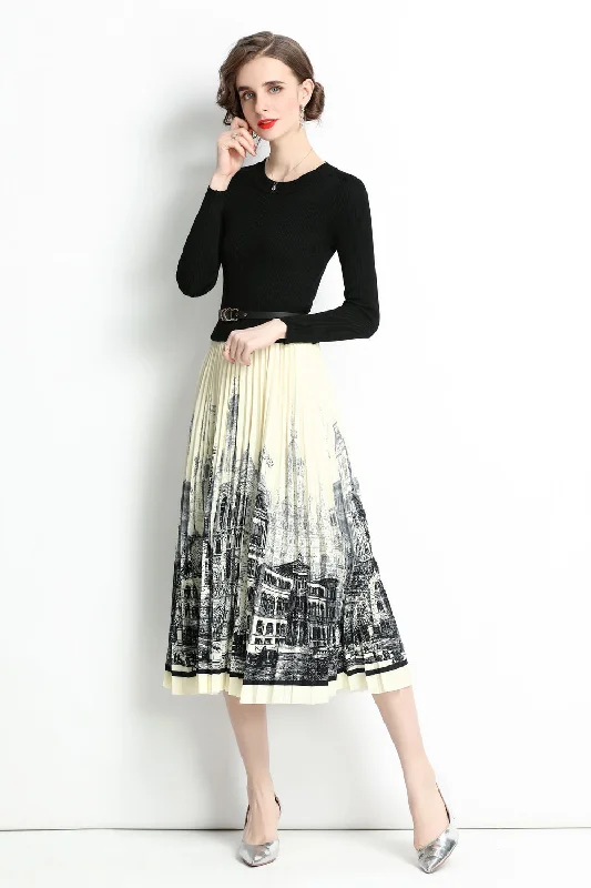 Strapless Party Midi Dresses-Black & White Office A-line Crewneck Long Sleeve Printed Skirt Midi Dress