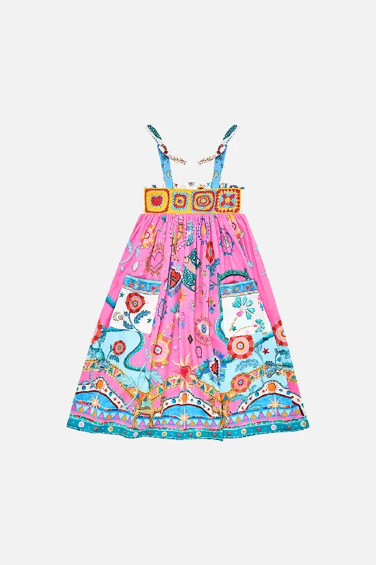 Satin Yellow Midi Dresses-KIDS MIDI DRESS WITH CROCHET & POCKETS 4-10 RAINBOW ROADS