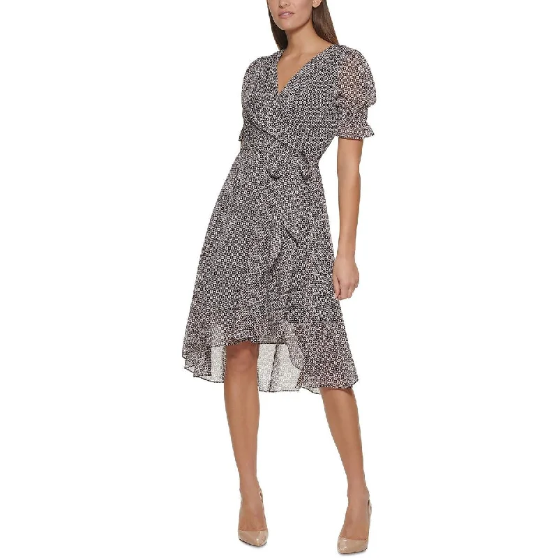 Denim Vintage Midi Dresses-Womens Printed Faux Wrap Midi Dress