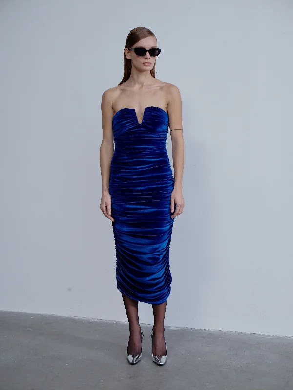 Geometric Trendy Midi Dresses-Luce Velvet Midi Dress in Bleu