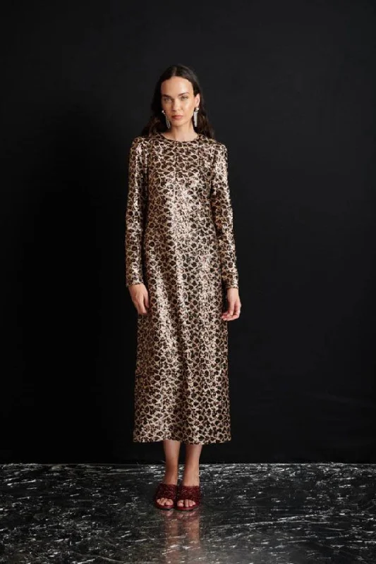 Long Sleeve Beach Midi Dresses-Yara Sequin Leopard Midi Dress | Gold Brown