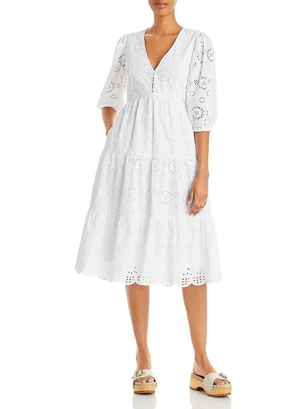 White Casual Midi Dresses-Womens Tiered Midi Fit & Flare Dress