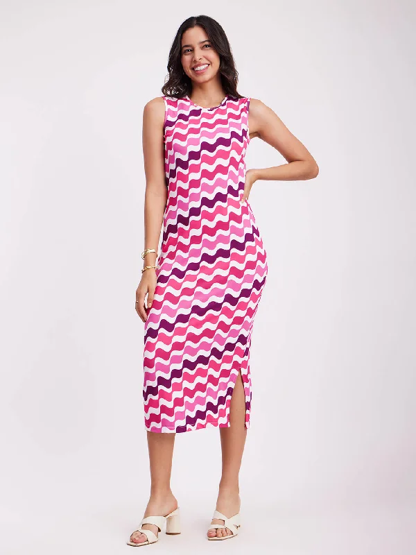 Orange Formal Midi Dresses-Wave Print Midi Dress - Multicolour