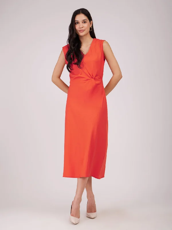 White Party Midi Dresses-Side Knot Midi Dress - Orange