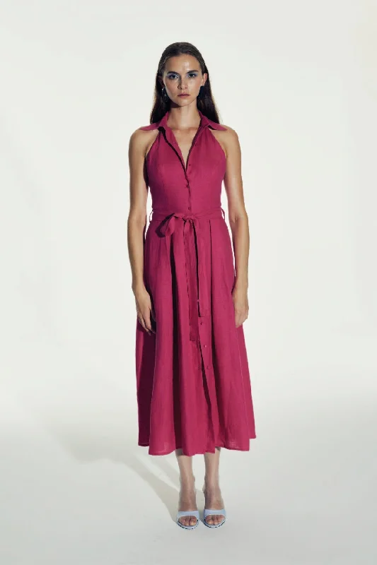 Mesh Vintage Midi Dresses-Carrie Linen Midi Dress in Berry Pink