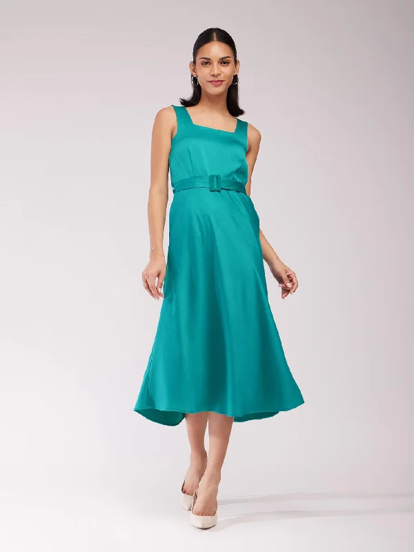 Cheap Yellow Midi Dresses-Satin Midi Dress - Teal