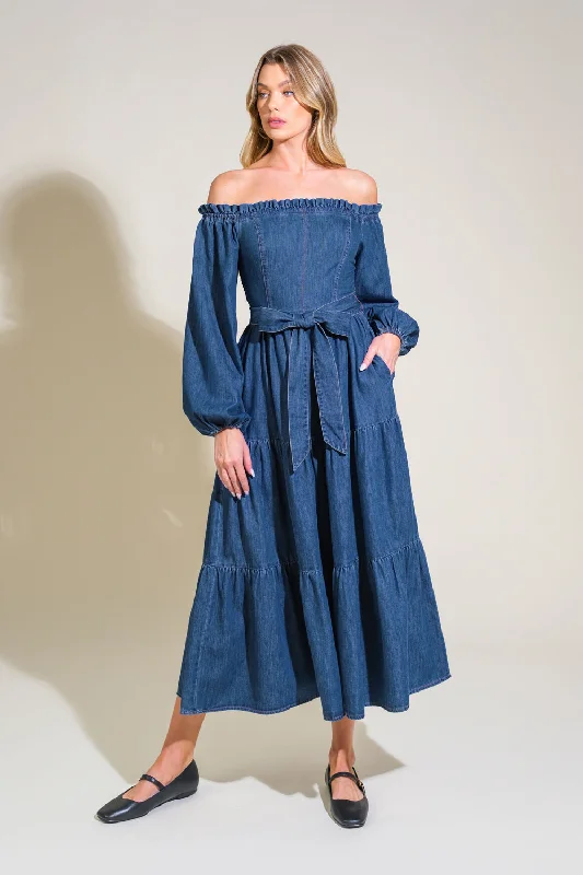 Blue Club Midi Dresses-ARTISTIC IMPULSE DENIM MIDI DRESS