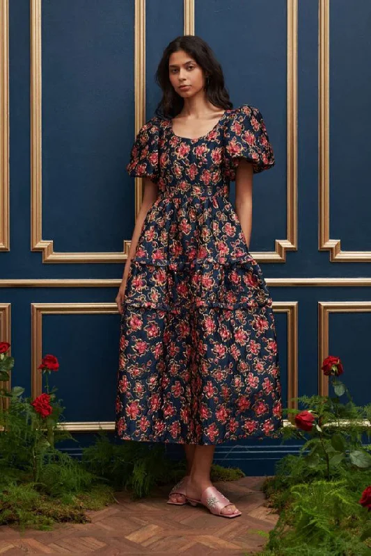 Women Club Midi Dresses-Fable Jacquard Midi Dress | Fuchsia/Navy Blue