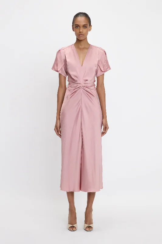 Knit Midi Dresses-Gathered V-Neck Midi Dress In Peony