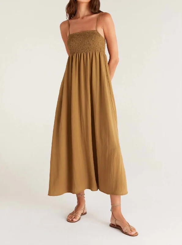 Satin Winter Midi Dresses-Beachside Midi Dress In Otter