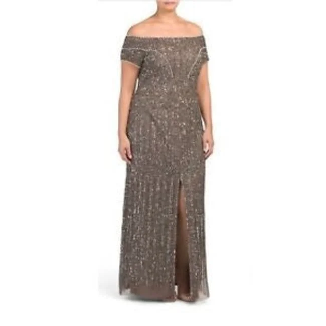 Mesh Evening Dress-Adrianna Papell Women's Off-The-Shoulder Beaded Gown Brown Size 10