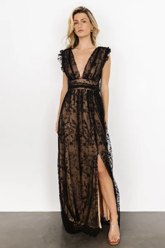 Wedding Striped Evening Dress-Arlene Shimmer Gown | Black + Nude