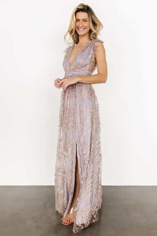 Lace V Neck Evening Dress-Arlene Shimmer Gown | Dusty Lilac + Rose