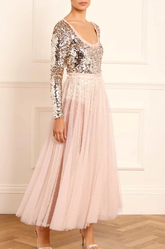 Halter Pink Evening Dress-Ballet Sequin Bodysuit Ankle Gown