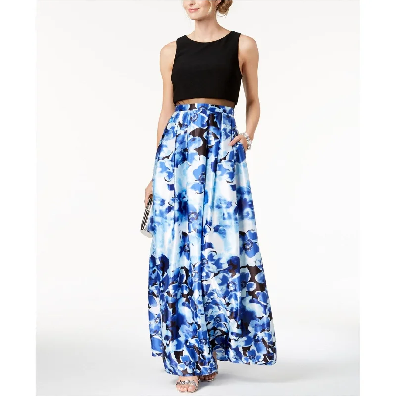 Chiffon Blue Evening Dress-Betsy & Adam Womens Solid & Floral Gown Dress, Blue, 4