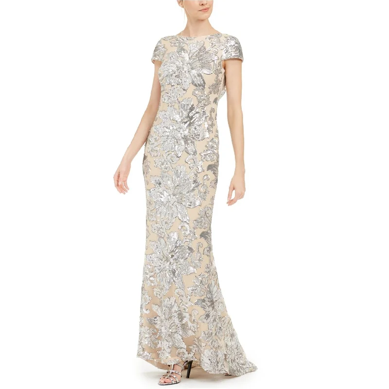 Party White Evening Dress-Calvin Klein Womens Sequin Gown Dress, Beige, 6