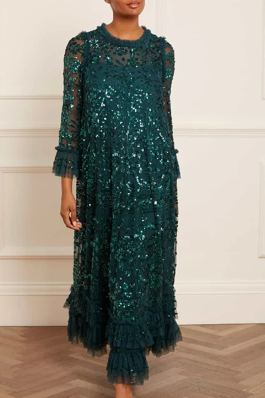 Silk Embroidered Evening Dress-Celia Long Sleeve Ankle Gown