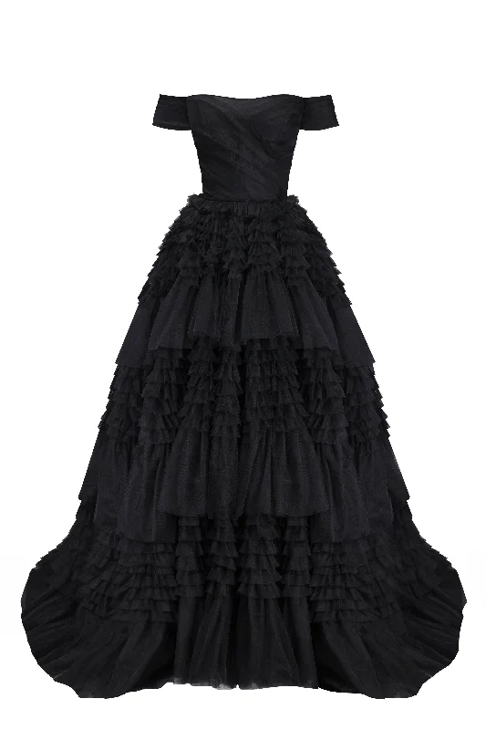 White Satin Evening Dress-Black Off-The-Shoulder Frill-Layered Gown