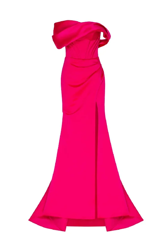 Tie Dye Off Shoulder Evening Dress-Fuchsia Princess strapless gown with thigh slit