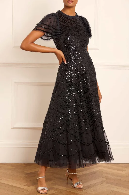 V Neck Silk Evening Dress-Deco Dot Ankle Gown