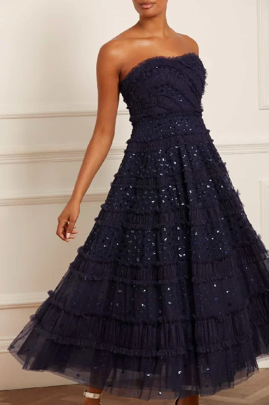 Polka Dot Long Evening Dress-Dot Shimmer Tiered Strapless Ankle Gown