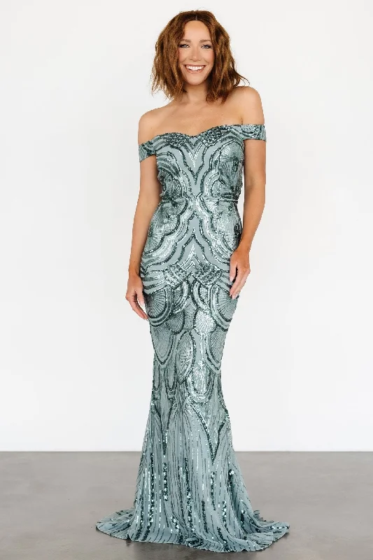 Trendy Long Sleeve Evening Dress-Empress Sequin Gown | Eucalyptus