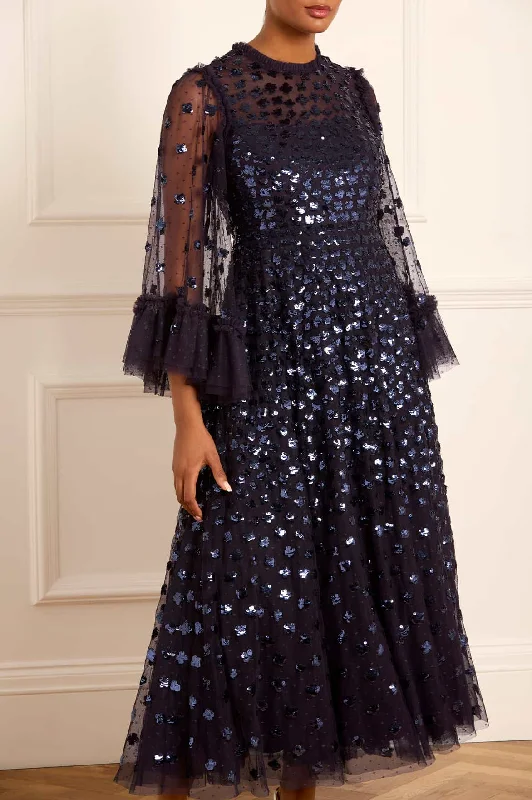 Sequin Boho Evening Dress-Glisten Long Sleeve Ankle Gown