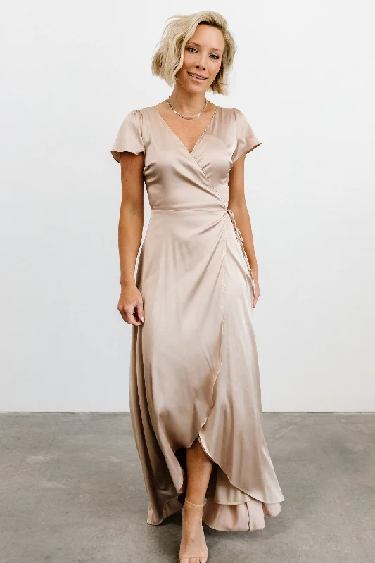 Animal Print Sleeveless Evening Dress-Krystal Satin Wrap Gown | Champagne