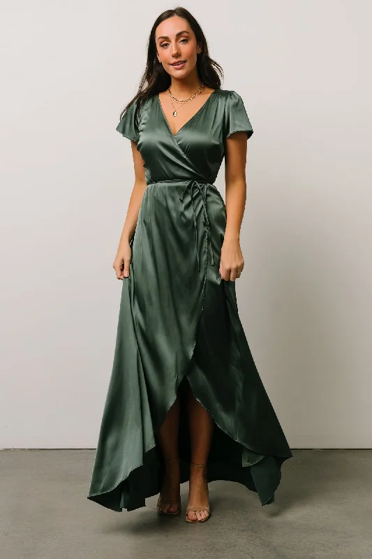 Gold Boho Evening Dress-Krystal Satin Wrap Gown | Winter Green