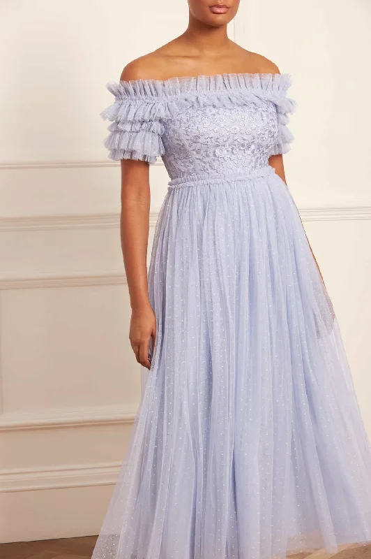 Silk Prom Evening Dress-Midsummer Lace Bodice Off-Shoulder Ankle Gown