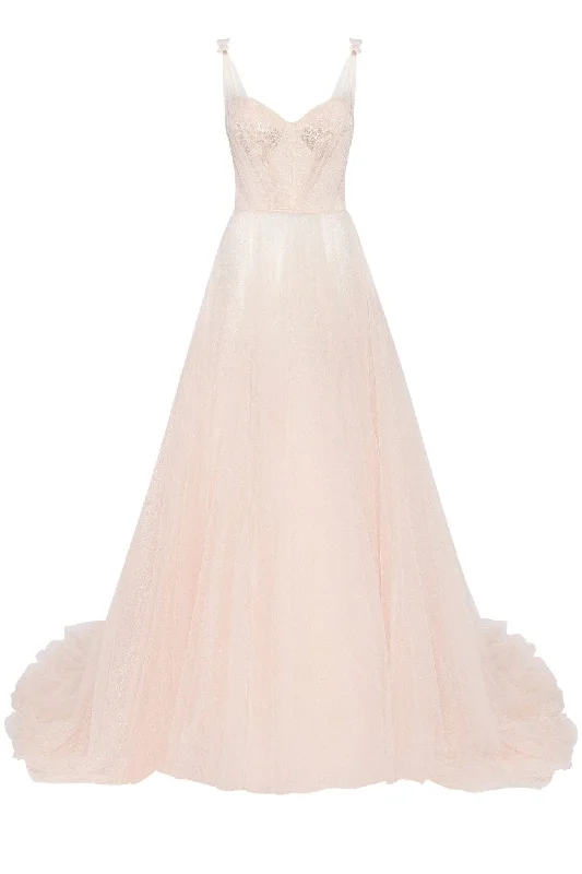 Cheap Lace Evening Dress-Peach Multi-Layered Tulle Gown