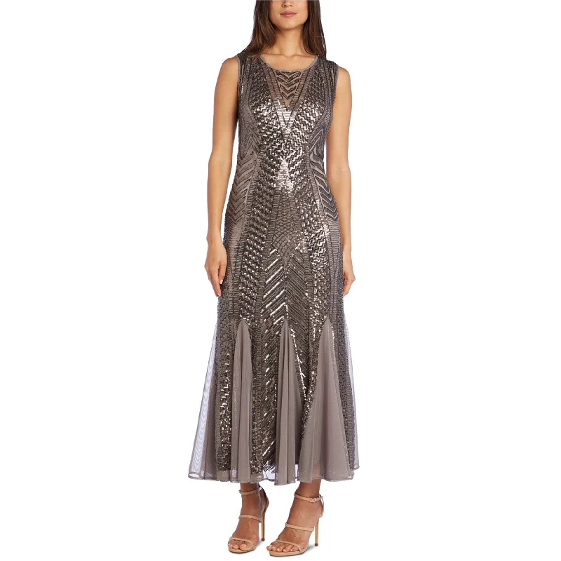 Black Silk Evening Dress-R & M Richards Womens Godet Sequined Gown Dress, Brown, 8