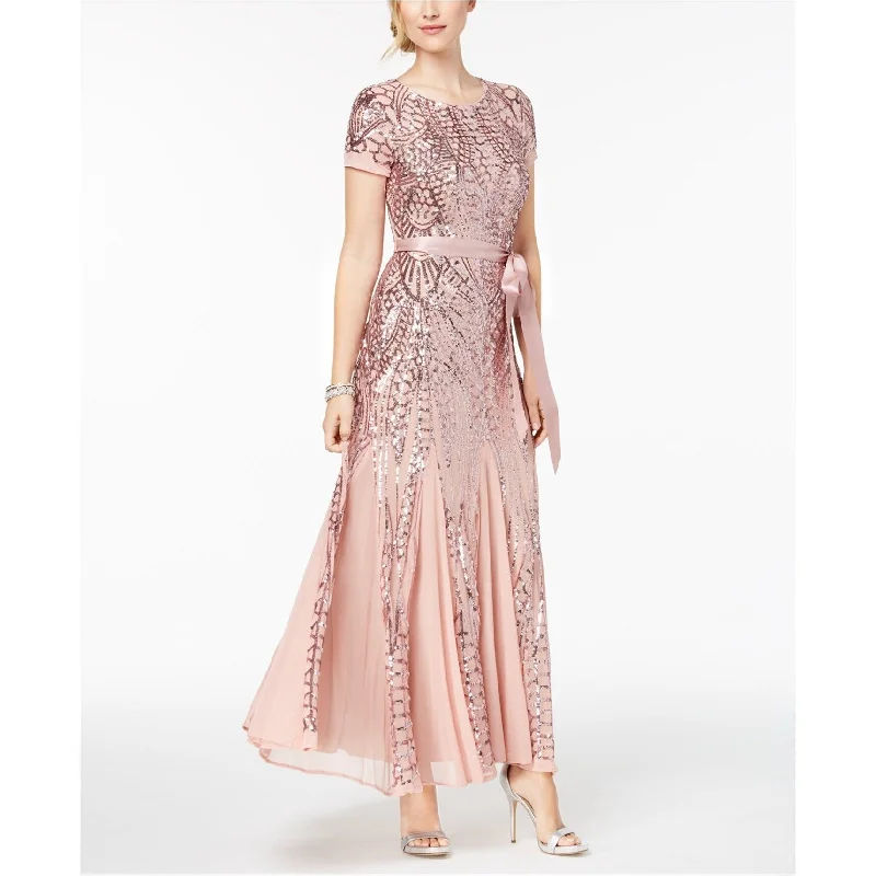 Lace V Neck Evening Dress-R & M Richards Womens Sequin-Embellished Gown Dress, Pink, 6