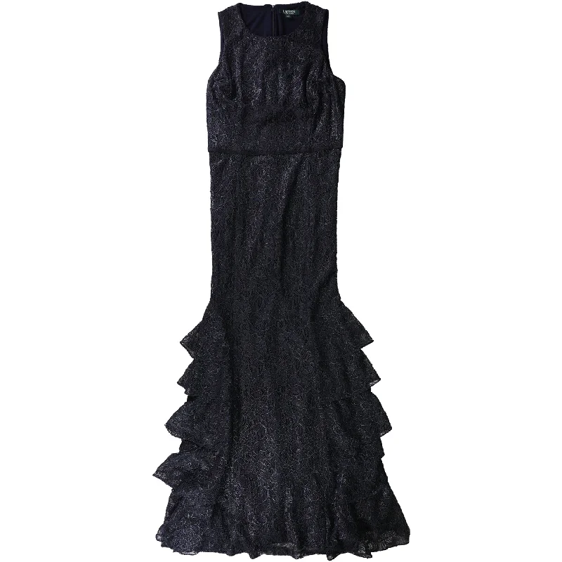 Grey Maxi Evening Dress-Ralph Lauren Womens Ruffled Lace Gown Dress, Blue, 10