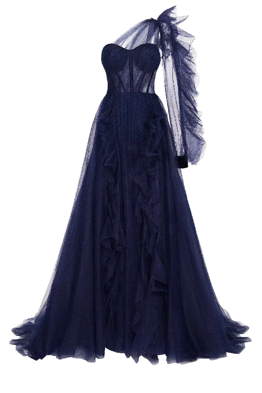 Ruffle Grey Evening Dress-Royal Navy tulle gown with detachable sleeve