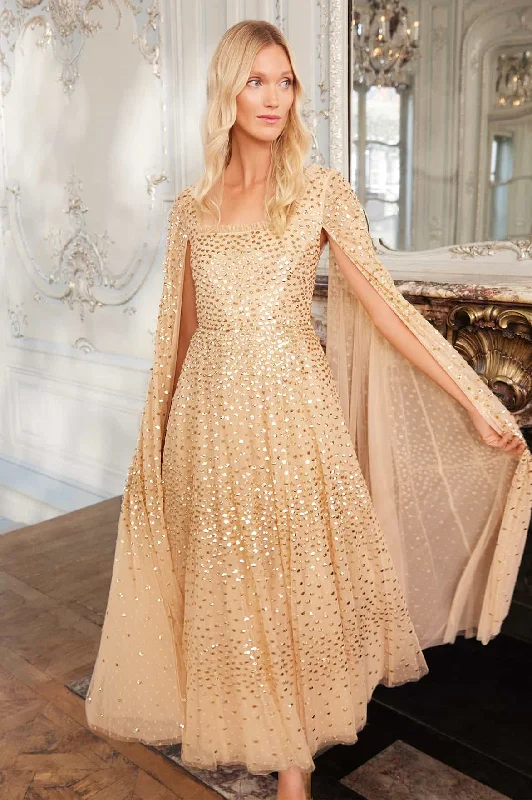 Beaded Cocktail Evening Dress-Scatter Dot Cape Sleeve Ankle Gown