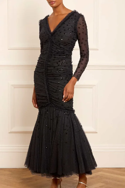 Maternity Maxi Evening Dress-Scatter Sequin Long Sleeve Ankle Gown