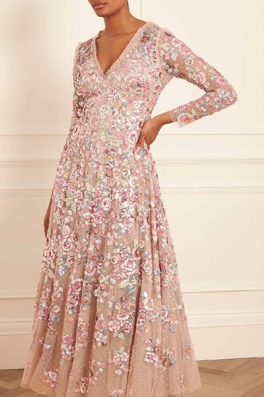 Floral Evening Dress-Sequin Paradise Long Sleeve Gown