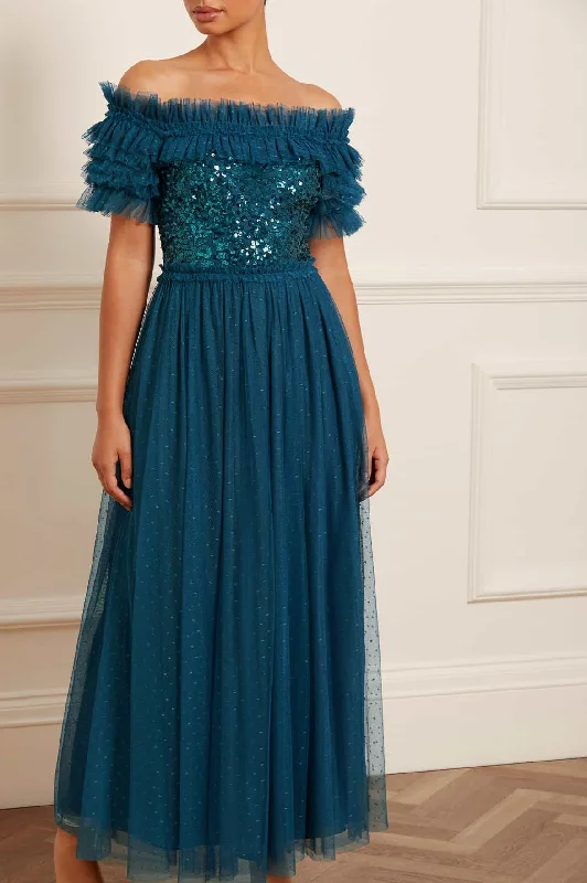 Backless Evening Dress-Sequin Wreath Bodice Off-Shoulder Ankle Gown