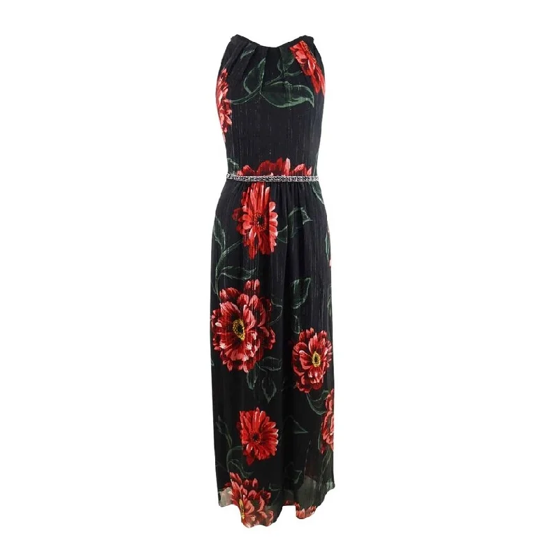 Formal V Neck Evening Dress-SL Fashions Women's Embellished Floral-Print Gown