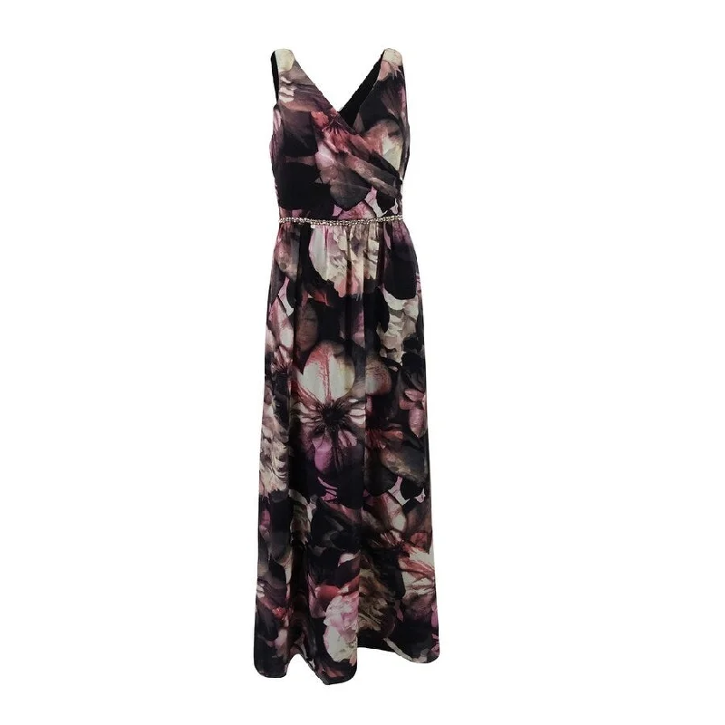 Teens Long Evening Dress-SL Fashions Women's Floral-Print Surplice Gown