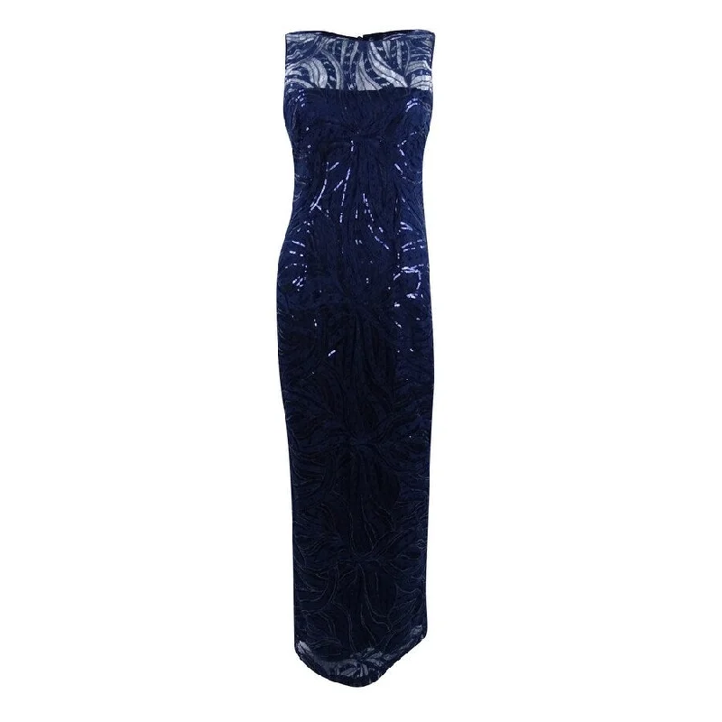 Animal Print Designer Evening Dress-Tahari ASL Women's Embroidered Sequined Illusion Gown