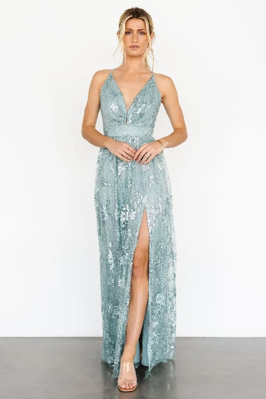 Navy Party Evening Dress-Tasha Sequin Gown | Sage Blue